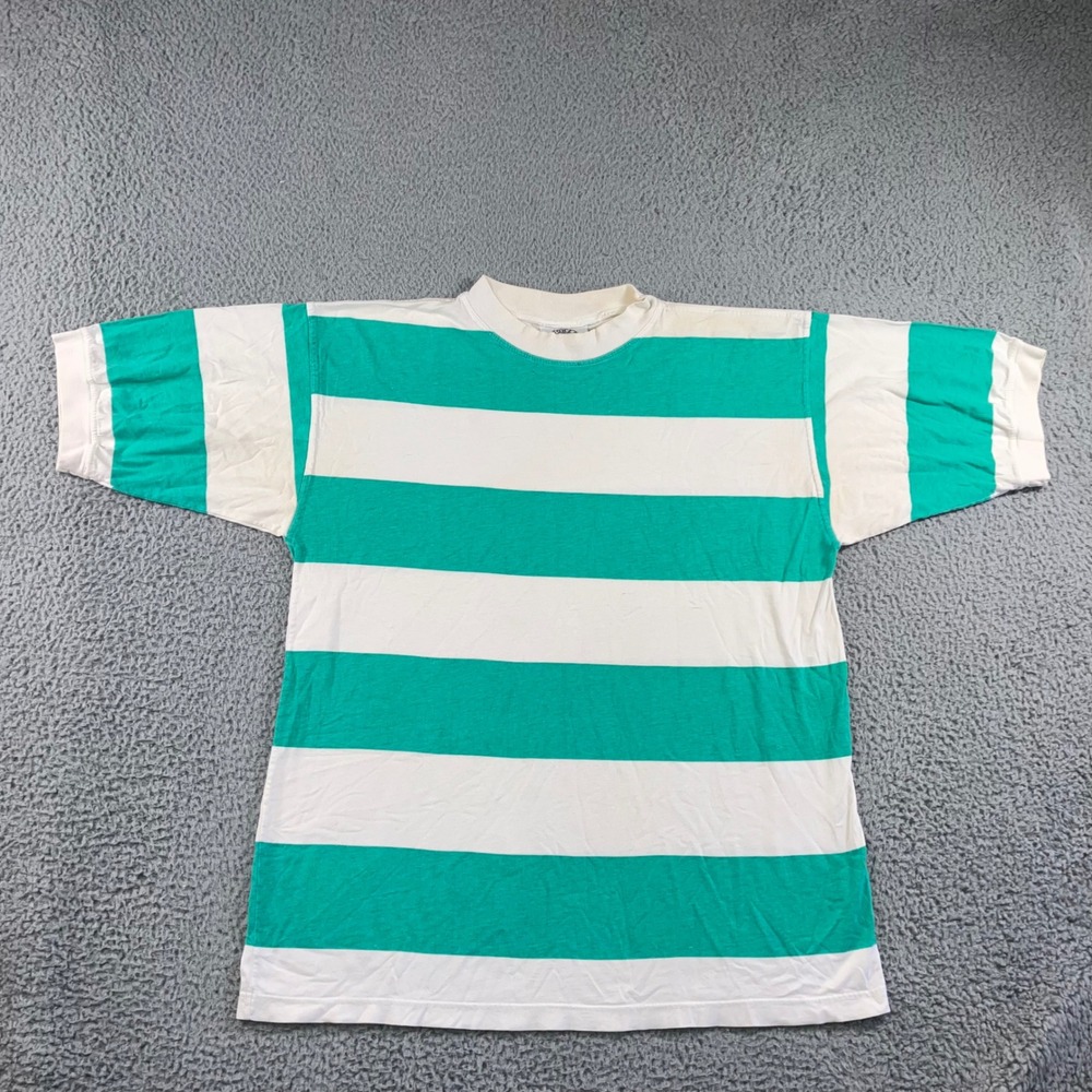 Vtg World Island Rugby Striped T-Shirt Men L Green White Retro Street Boxy Skate
